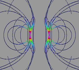 Simulation zweier elektrischen Dipole, die sich relativ zueinader drehen. Bitte warten, Animation wird geladen...